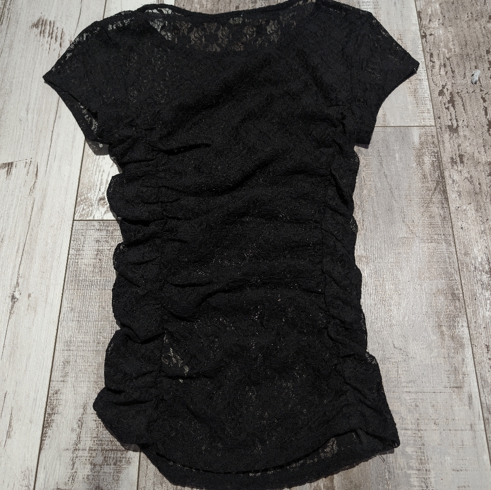 Free People xs Keep it Simple Lace Baby Tee Short Slv Sheer black‎ Ruched Top - Picture 5 of 5